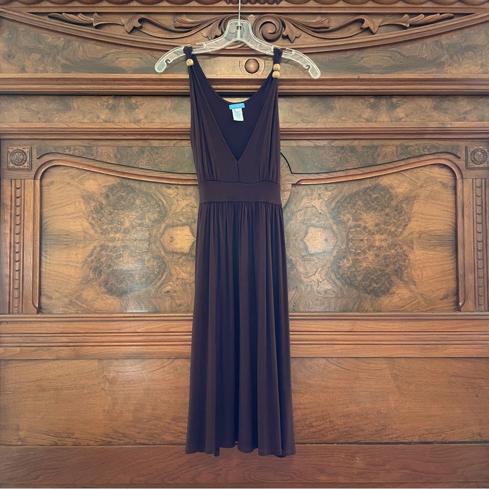 U-Knit Brown Stretchy Sleeveless V-neck Dress with Tie Waist - Picture 1 of 9
